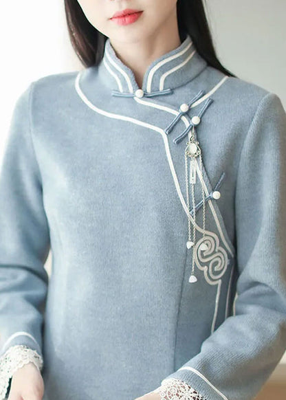 Chinese Style Baby Blue Stand Collar Nail Bead Patchwork Woolen Dresses Fall