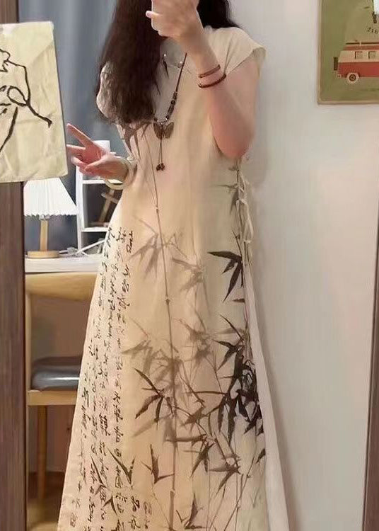 Chinese Style Bamboo Ink Painting Lace Up Dress for Summer