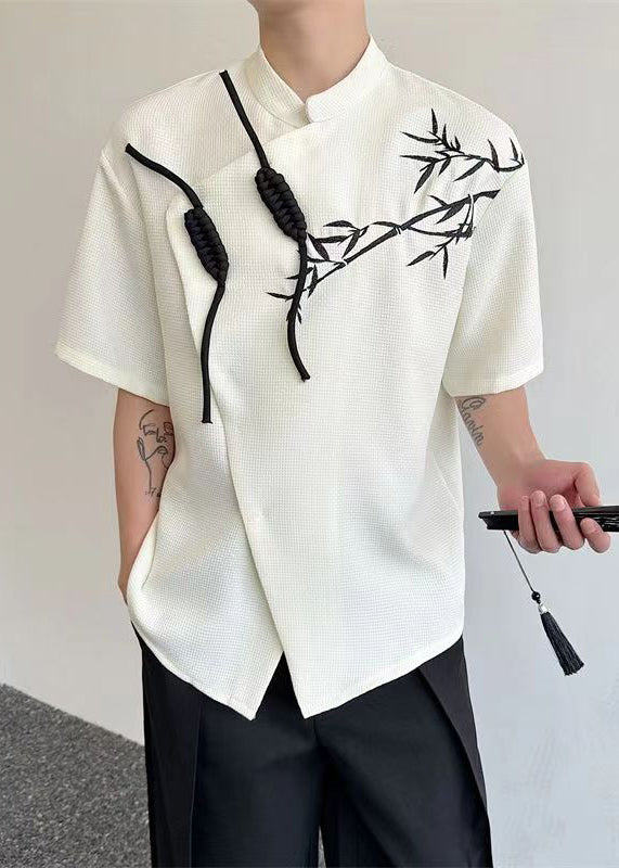 Chinese Style Beige Asymmetrical Print Cotton Shirts Summer