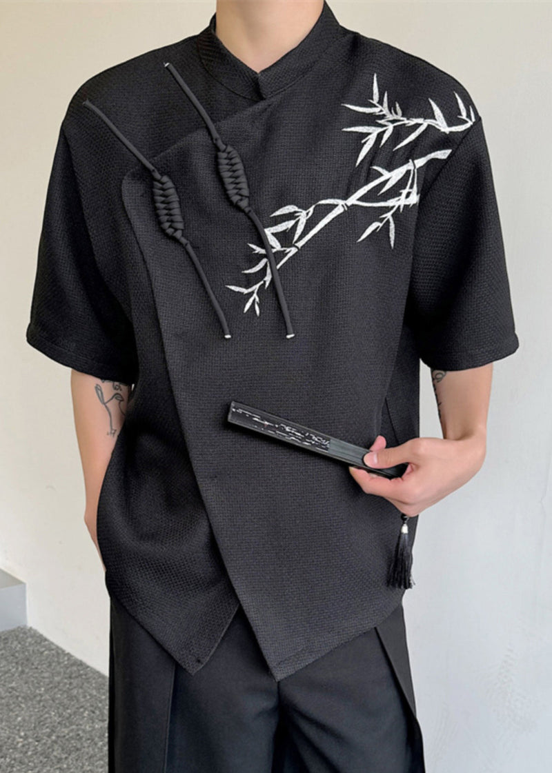 Chinese Style Beige Asymmetrical Print Cotton Shirts Summer