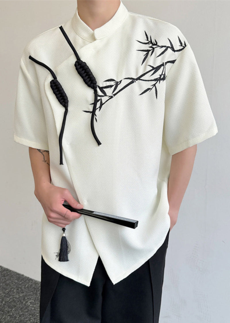 Chinese Style Beige Asymmetrical Print Cotton Shirts Summer