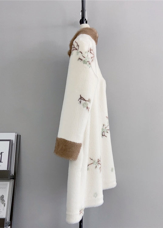 Chinese Style Beige Tasseled Embroidered Mink Cashmere Coat Winter