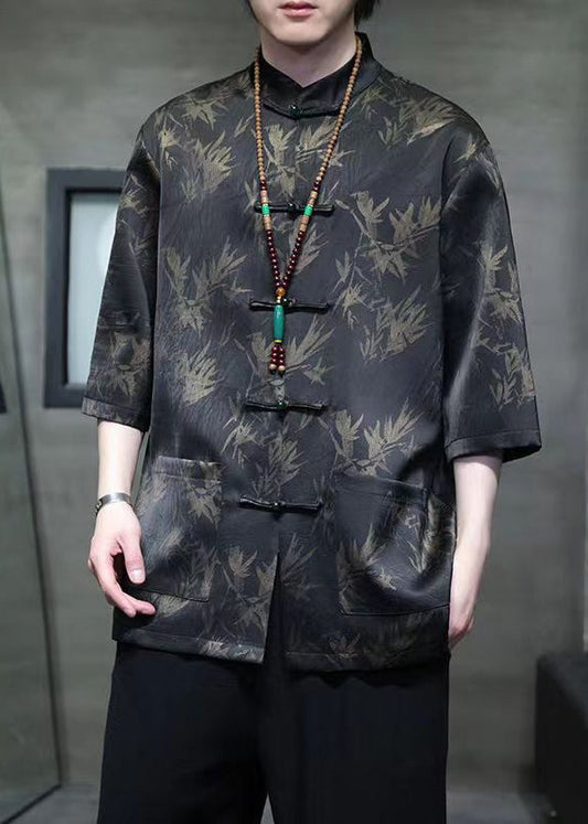 Chinese Style Black Button Pockets Ice Silk Shirt Summer