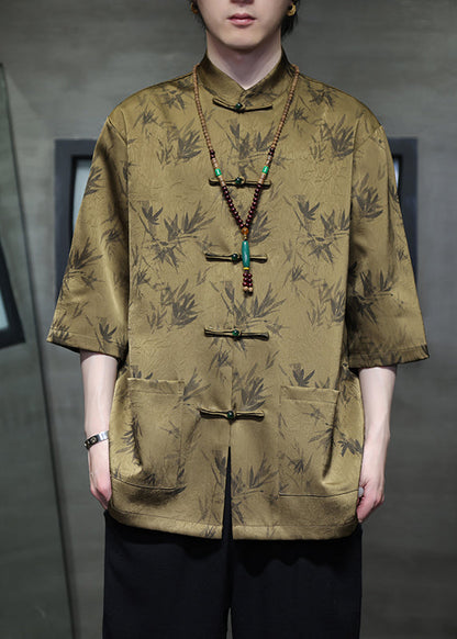 Chinese Style Black Button Pockets Ice Silk Shirt Summer
