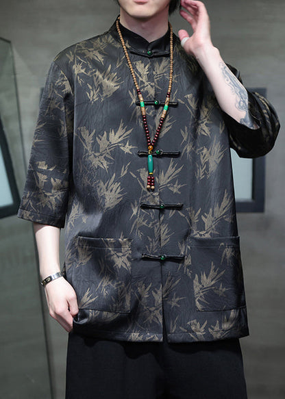 Chinese Style Black Button Pockets Ice Silk Shirt Summer