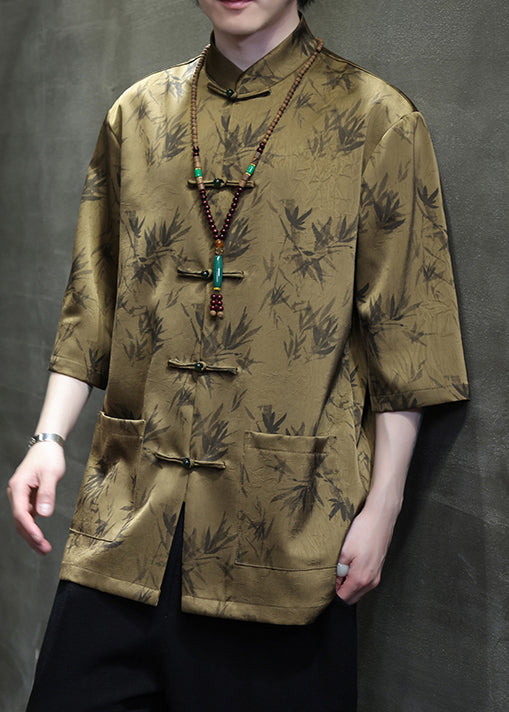 Chinese Style Black Button Pockets Ice Silk Shirt Summer