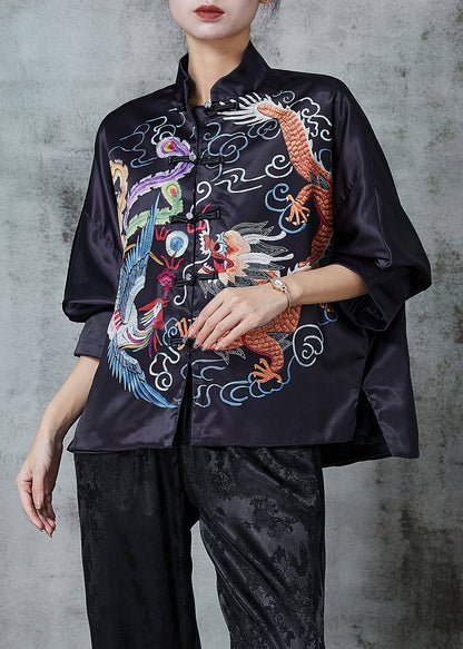 Chinese Style Black Dragon Print Silk Blouse Top Spring