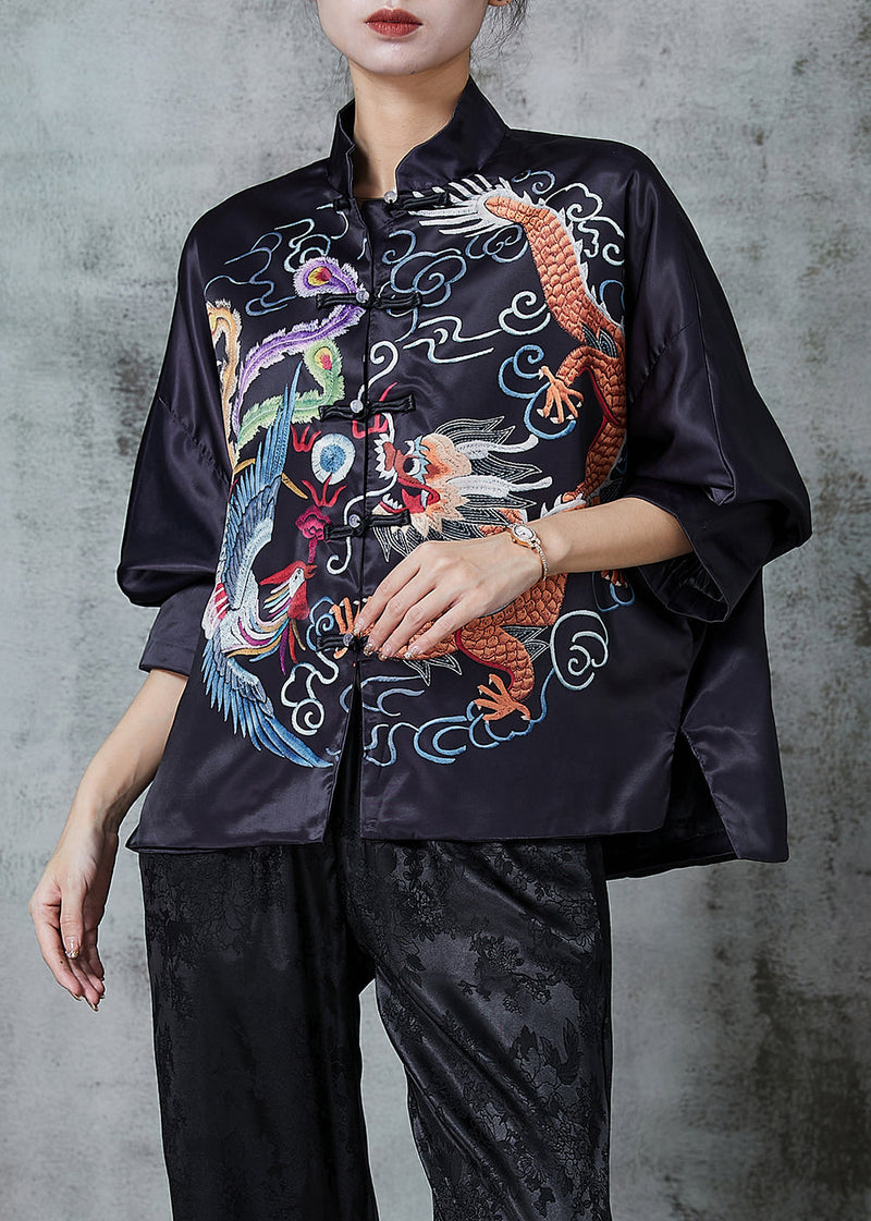Chinese Style Black Dragon Print Silk Blouse Top Spring