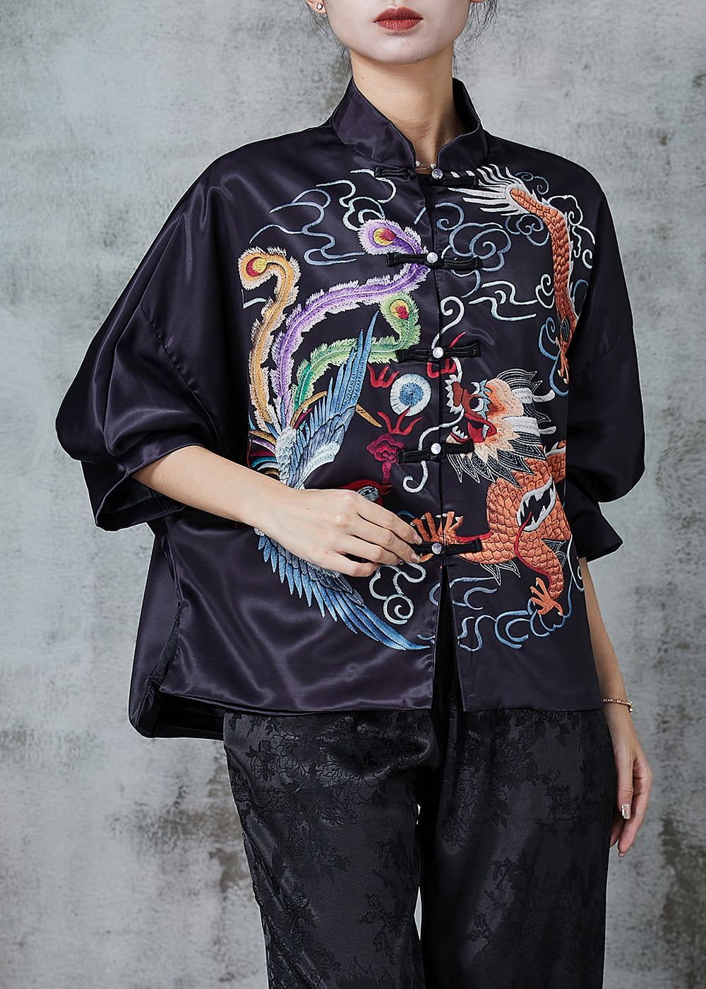 Chinese Style Black Dragon Print Silk Blouse Top Spring