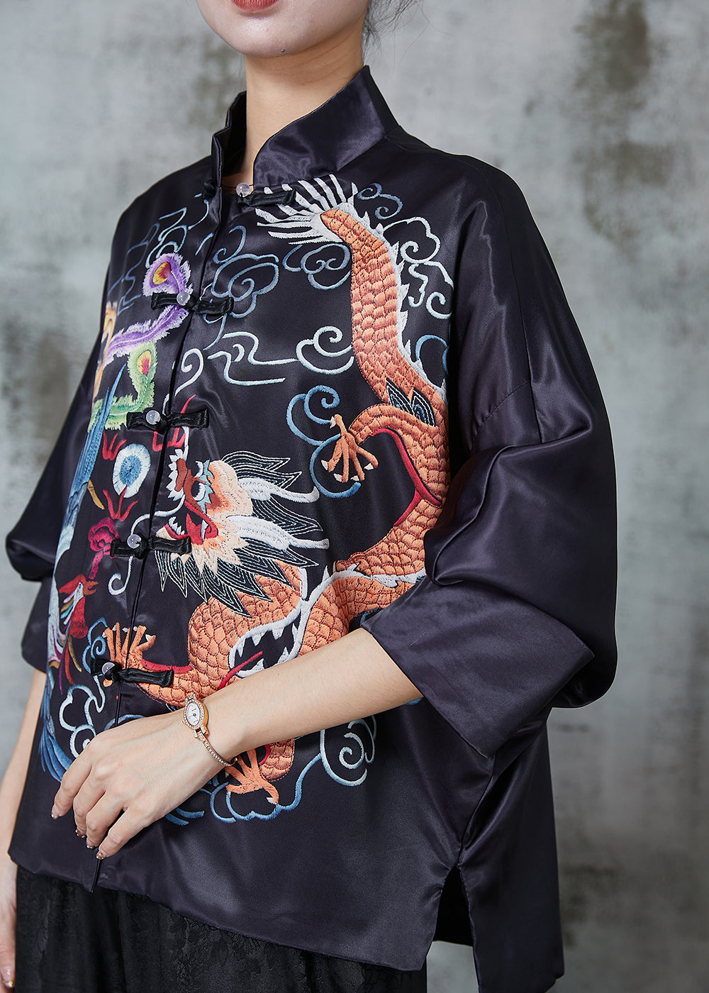 Chinese Style Black Dragon Print Silk Blouse Top Spring