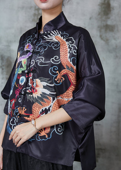 Chinese Style Black Dragon Print Silk Blouse Top Spring