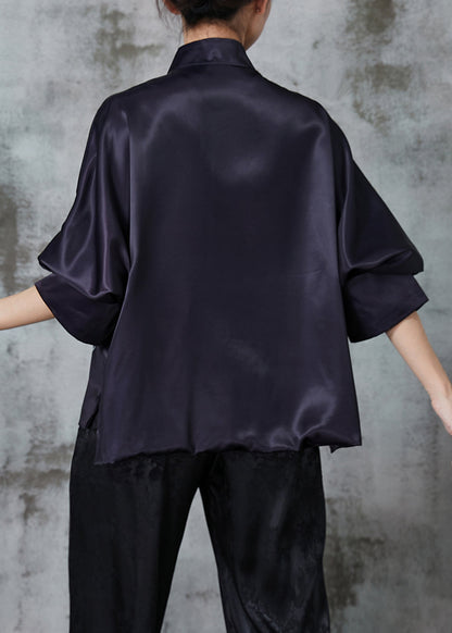Chinese Style Black Dragon Print Silk Blouse Top Spring