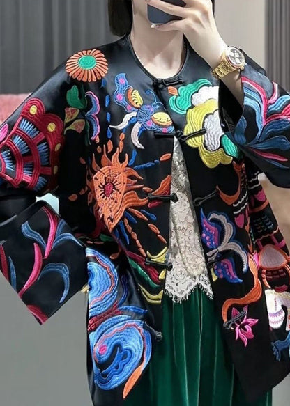 Chinese Style Black Print Button Silk Coats Spring