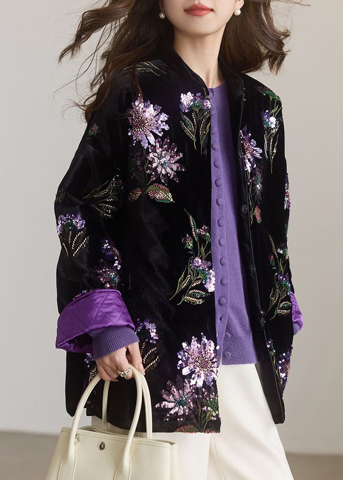 Chinese Style Black Embroidered Sequins Fine Cotton Filled Coat Spring