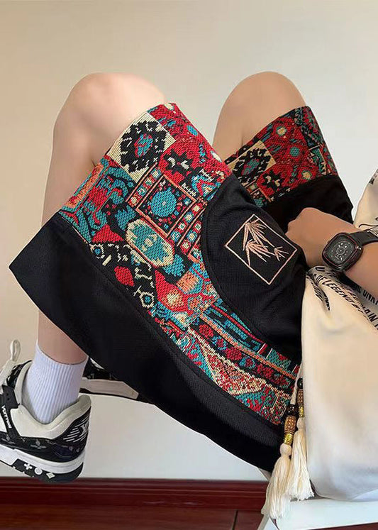 Chinese Style Black Embroideried Patchwork Cotton Shorts Summer