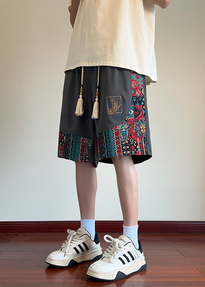 Chinese Style Black Embroideried Patchwork Cotton Shorts Summer