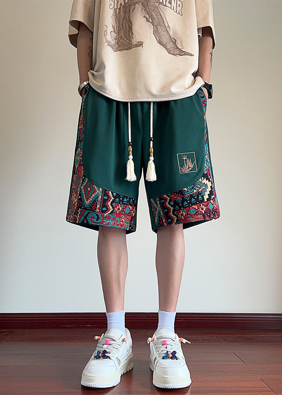 Chinese Style Black Embroideried Patchwork Cotton Shorts Summer
