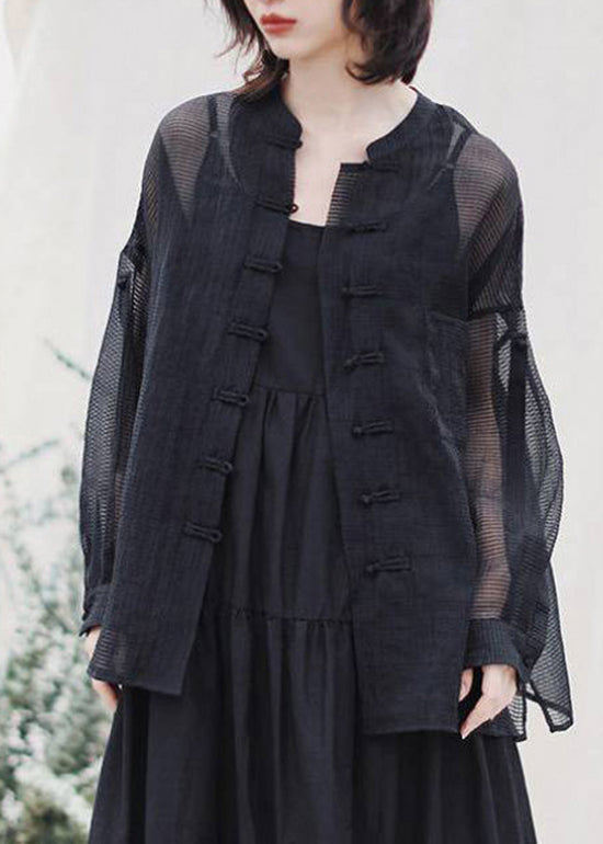 Chinese Style Black Mandarin Collar Button Pockets Tulle Coat Spring