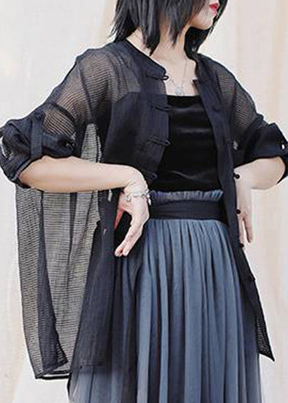 Chinese Style Black Mandarin Collar Button Pockets Tulle Coat Spring