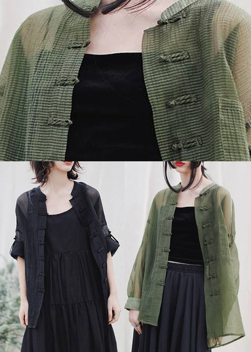 Chinese Style Black Mandarin Collar Button Pockets Tulle Coat Spring