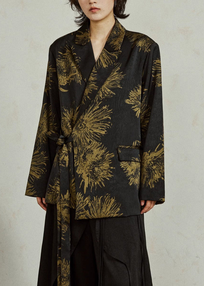 Chinese Style Black Notched Print Tie Waist Coats Fall