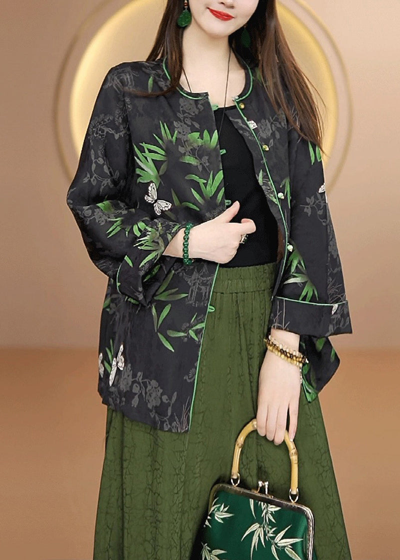 Chinese Style Black O Neck Print Button Silk Cardigan Fall