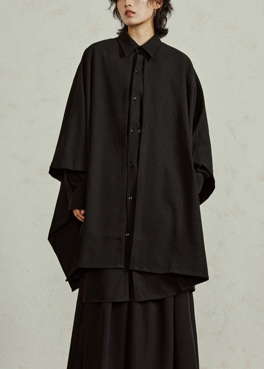 Chinese Style Black Peter Pan Collar Low High Design Shirt Batwing Sleeve