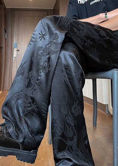 Chinese Style Black Pockets Jacquard Ice Silk Pants Summer
