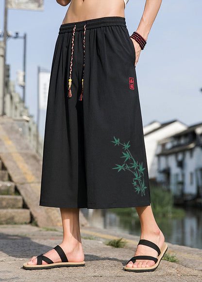 Chinese Style Black Pockets Print Elastic Waist Crop Pants Summer