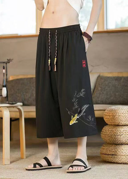 Chinese Style Black Pockets Print Elastic Waist Crop Pants Summer