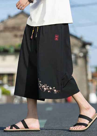 Chinese Style Black Pockets Print Elastic Waist Crop Pants Summer