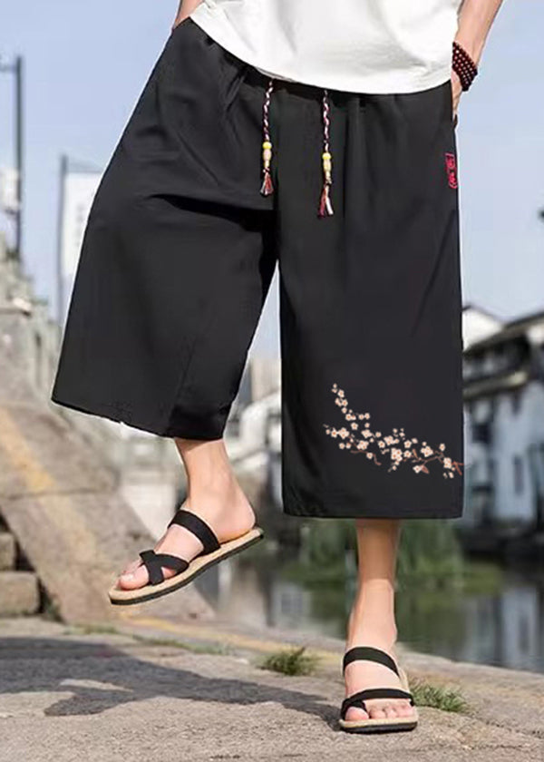 Chinese Style Black Pockets Print Elastic Waist Crop Pants Summer