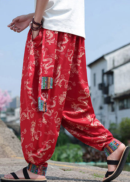 Chinese Style Black Print Ice Silk Loose Lantern Pants Summer