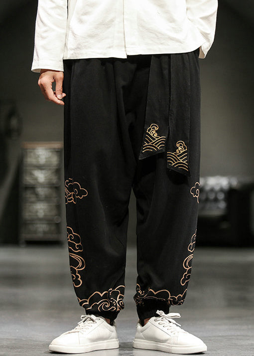 Chinese Style Black Print Lace Up Cotton Beam Pants Fall