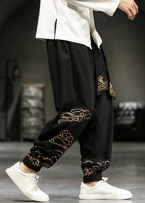 Chinese Style Black Print Lace Up Cotton Beam Pants Fall