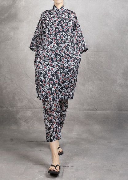 Chinese Style Black Print Tops and Pants Linen Two Pieces Set Summer