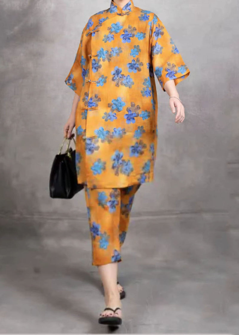 Chinese Style Black Print Tops and Pants Linen Two Pieces Set Summer