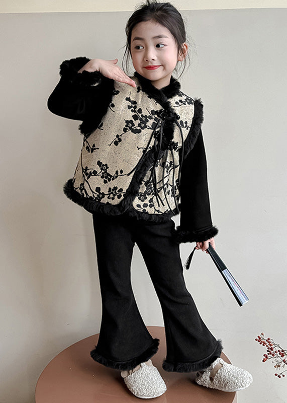 Chinese Style Black Print Warm Fleece Waistcoat Top and Pants Two Pieces Set Winter