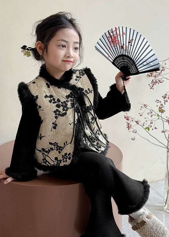 Chinese Style Black Print Warm Fleece Waistcoat Top and Pants Two Pieces Set Winter