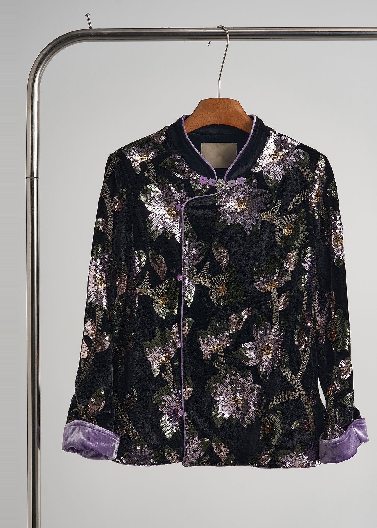 Chinese Style Black Sequins Embroidered Silk Velvet Coats Spring