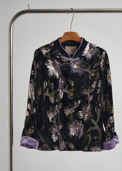 Chinese Style Black Sequins Embroidered Silk Velvet Coats Spring