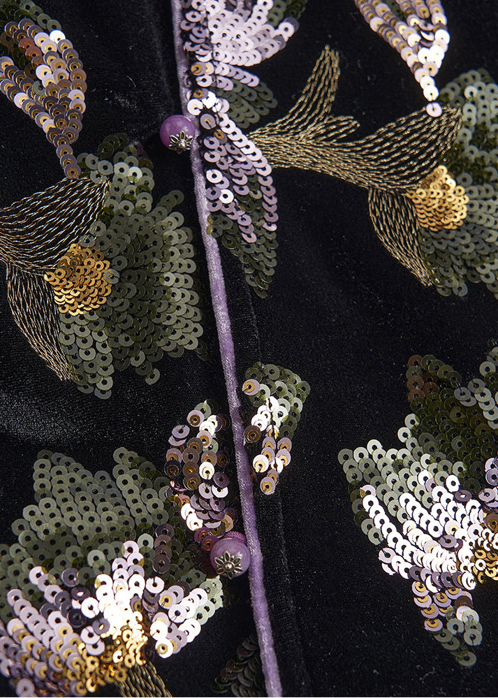 Chinese Style Black Sequins Embroidered Silk Velvet Coats Spring