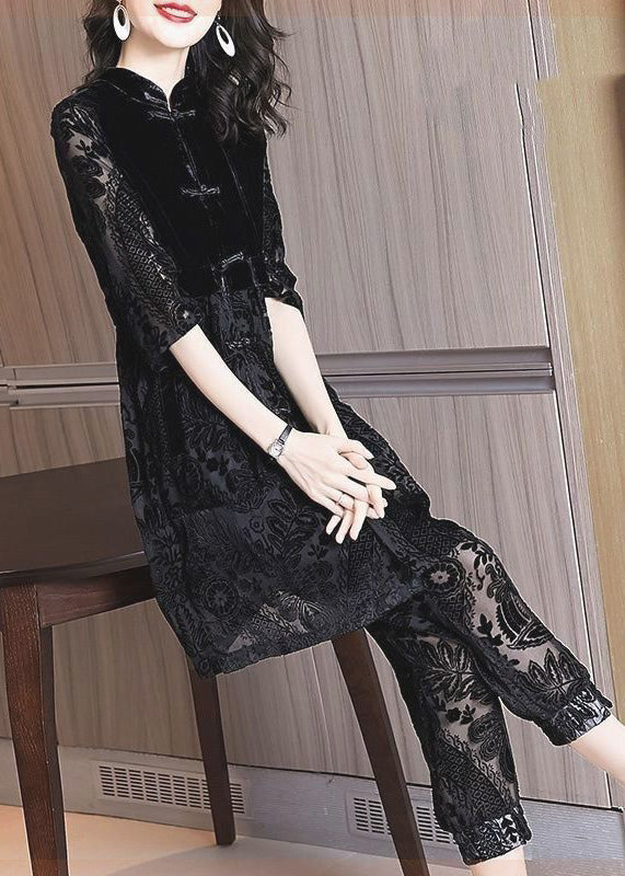 Chinese Style Black Stand Collar Asymmetrical Lace Dress and Crop Pants Two Piece Set Fall