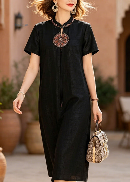 Chinese Style Black Stand Collar Embroidered Silk Dresses Summer