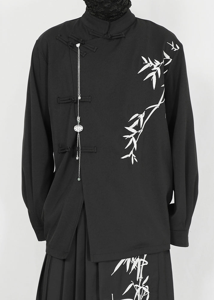 Chinese Style Black Stand Collar Embroidered Patchwork Cotton Shirt Fall