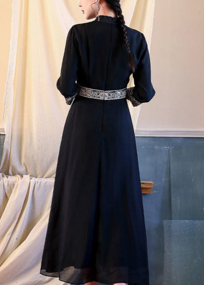 Chinese Style Black Stand Collar Patchwork Chiffon Dress Bracelet Sleeve