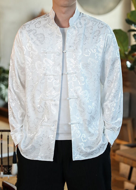 Chinese Style Black Stand Collar Print Button Silk Coats Long Sleeve