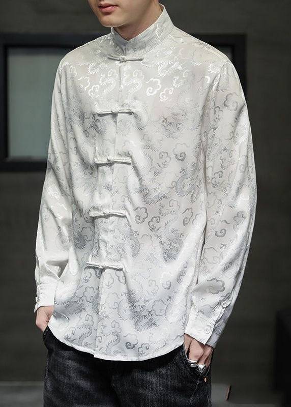 Chinese Style Black Stand Collar Print Button Silk Coats Long Sleeve