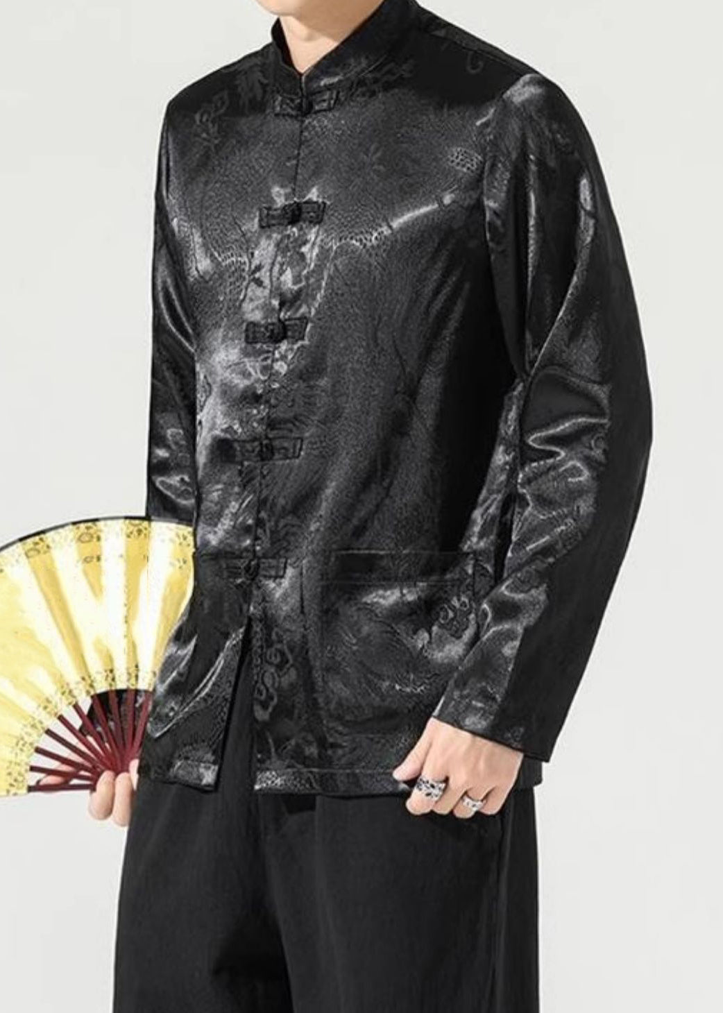 Chinese Style Black Stand Collar Print Button Silk Coats Long Sleeve
