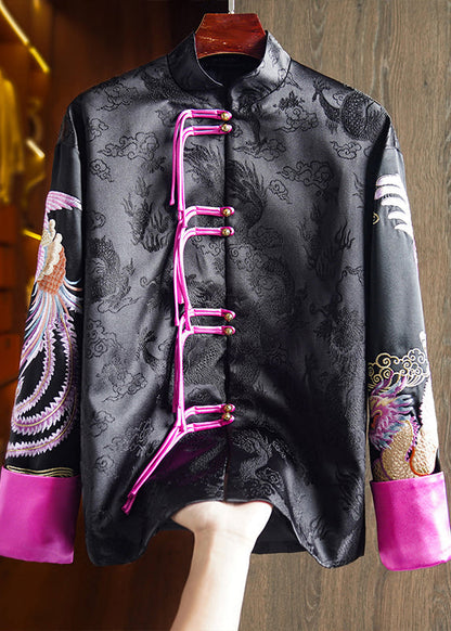Chinese Style Black Stand Collar Tasseled Print Silk Coat Fall